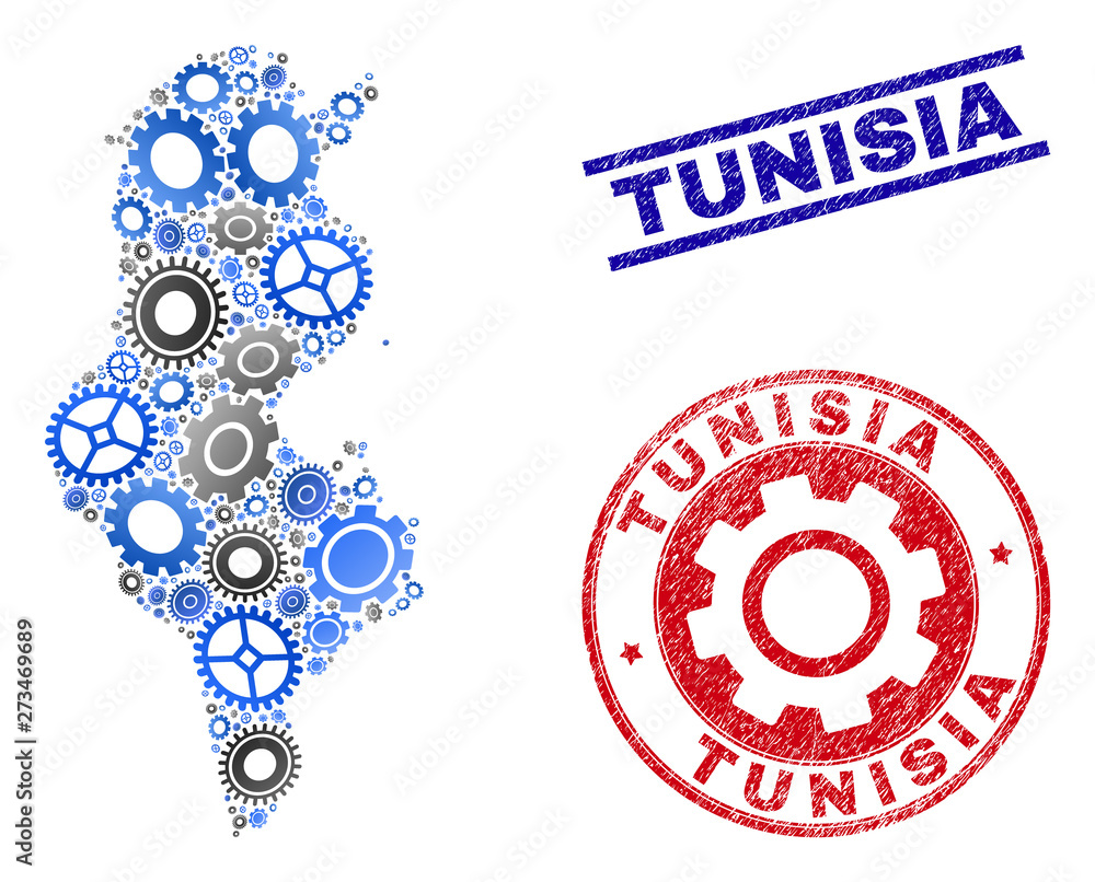 Repair workshop vector Tunisia map mosaic and seals. Abstract Tunisia map is created of gradient random cogwheels. Engineering territory plan in gray and blue colors,