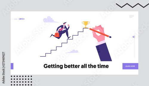 Business Man Aiming to Ladder Top with Gold Cup. Businessman Character Running Up Stairs to Reach Success. Goal Achievement Website Landing Page, Web Page. Cartoon Flat Vector Illustration, Banner © Hanna Syvak