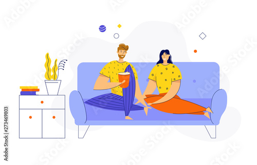Young Loving Couple Watching TV with Popcorn at Home. Male and Female Characters Sitting on Couch Together in Weekend Evening. Love, Leisure, Sparetime, Day Off. Cartoon Flat Vector Illustration