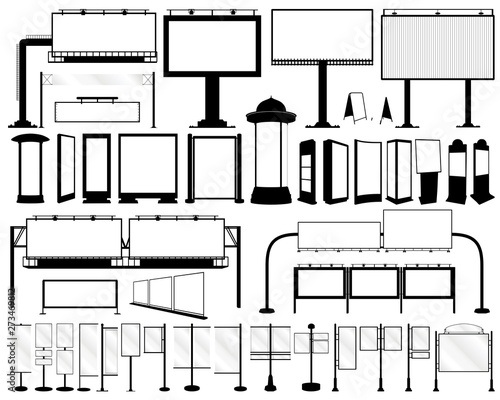 Blank silhouettes of billboard, outdoor advertising construction media set includes frontlight billboard, banners,  signage, citylight, panel brackets, pillars, stella