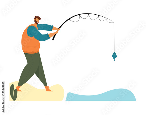 Fisherman Stand with Rod on Coast Having Good Catch. Man Fishing on Calm Lake or River at Summer Day. Relaxing Summertime Hobby, Vacation Spending Time, Leisure, Relax Cartoon Flat Vector Illustration