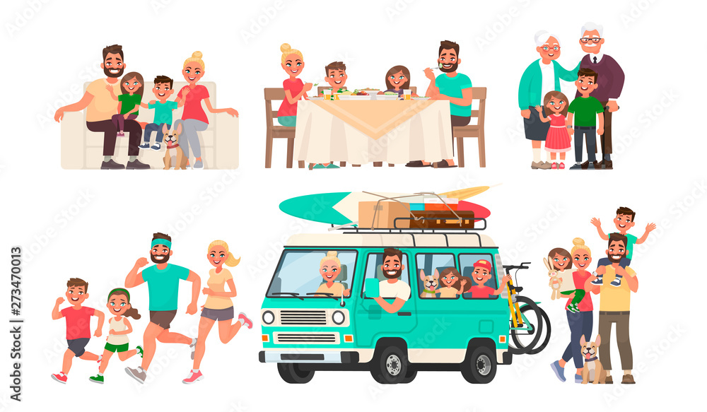 Happy family is resting, eating at the table, going on a journey by car, playing sports, walking Happy family is resting, eating at the table, going on a journey by car, playing sports, walking