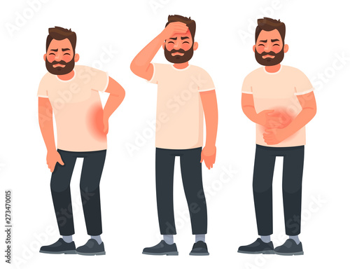 Set of character men with pain in different parts of the body. Backache, abdominal pain, headache, migraine