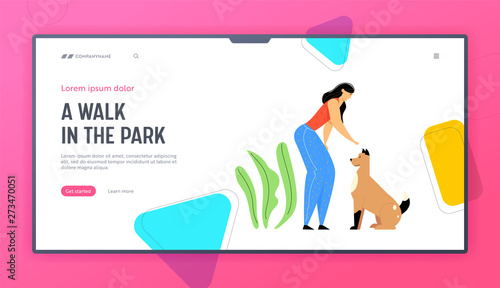 Happy Woman Play with Dog Website Landing Page, Spend Time with Domestic Animal, Friendship, Lifestyle, Leisure with Pet, Human and Animal Relation, Web Page. Cartoon Flat Vector Illustration, Banner