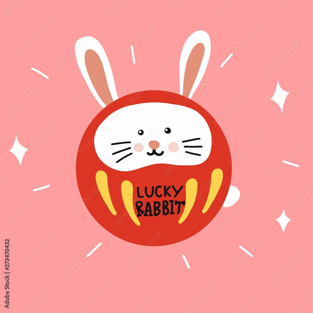 Lucky Rabbit Daruma (Japanese lucky charm) cute cartoon vector illustration doodle style Lucky Rabbit Daruma (Japanese lucky charm) cute cartoon vector illustration doodle style