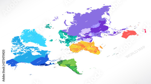 Bright colorful political map in isometry with the names of countries, each continent in different color