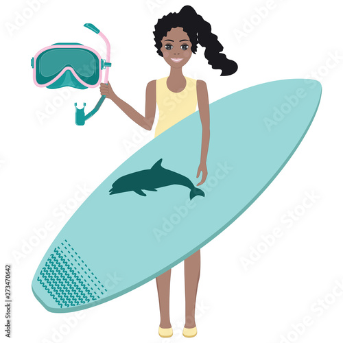 Surfing and Daving. Teenager, African girl beautiful - diving mask and surfboard - vector. Summer time. Water sports. Vacation. © istorsvetlana