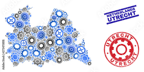 Wheel vector Utrecht Province map composition and seals. Abstract Utrecht Province map is composed of gradient randomized gearwheels. Engineering territorial scheme in gray and blue colors,