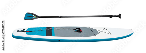 Side view of stand-up paddleboard with oar for SUP surfing isolated on white background. Sport equipment