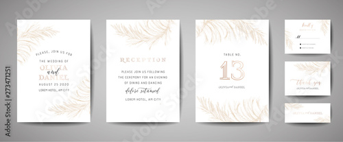 Pampas Grass Vintage Wedding Save the Date, Invitation Floral Cards Collection with Gold Foil Frame. Vector trendy cover, graphic poster, retro brochure, design template