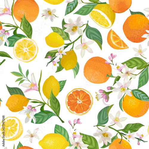 Seamless Lemon and Orange pattern with tropic fruits  leaves  flowers background. Hand drawn vector illustration in watercolor style for summer romantic cover  tropical wallpaper  vintage texture