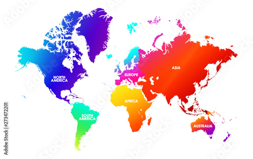 Colorfulness saturation world map  each continent in different trendy bright gradient colors and name