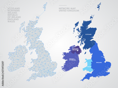 Telecommunications network of the British Isles, Abstract United Kingdom map polygonal geographic map, Political map of Great Britain and Ireland