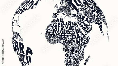 Typographic illustration of a world map with names of countries on a sphere, graphic vector print