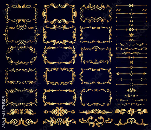 Vector set of gold decorative borders, frames, dividers, on a dark background