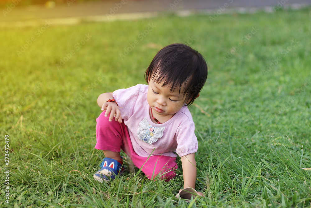 Asian baby child girl practice to walking at the grass field. She falling and sitting at the ground. Development of baby aged of one year old. Kid Exercise for health. Asian baby child girl practice to walking at the grass field. She falling and sitting at the ground. Development of baby aged of one year old. Kid Exercise for health.