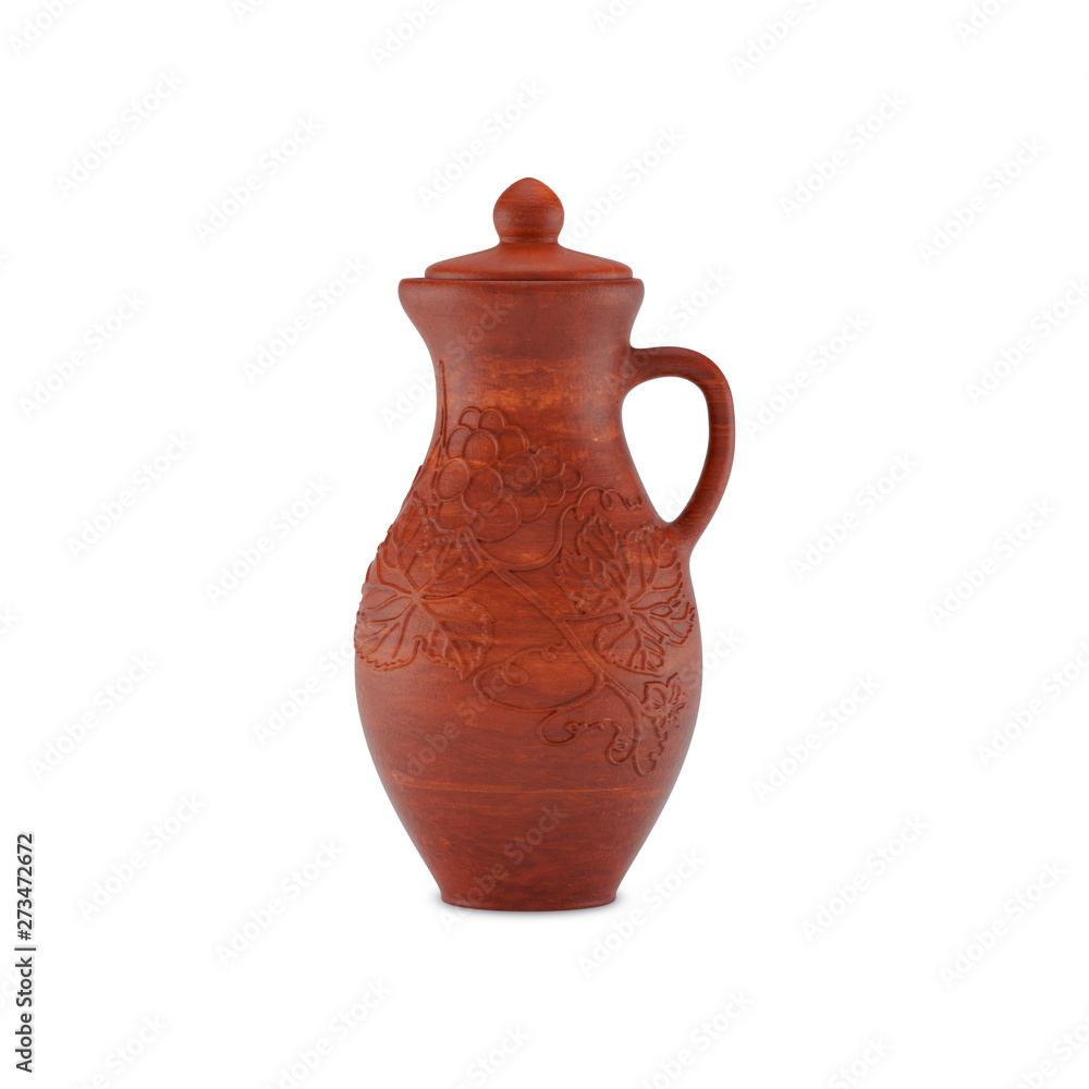 Clay jug for wine with a handle and cup, 3D illustration.
