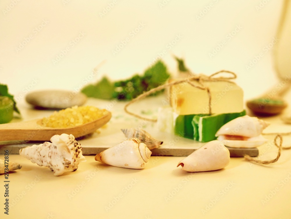 Natural soap, sea salt, grape branch, shells and stones on the table, spa procedures, body care Natural soap, sea salt, grape branch, shells and stones on the table, spa procedures, body care