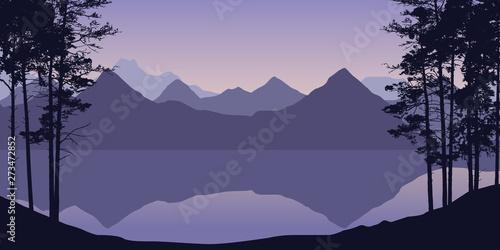 Fototapeta Naklejka Na Ścianę i Meble -  Realistic illustration of mountain and hilly landscape with forest and trees, river or lake under purple sky with sunrise and rising sun, vector