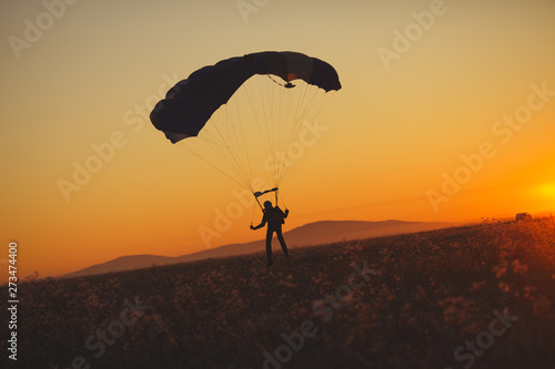 Silhouette of a skydiver with a canopy of a parachute landing on the field in the background of the evening sky. Parachute jumps.