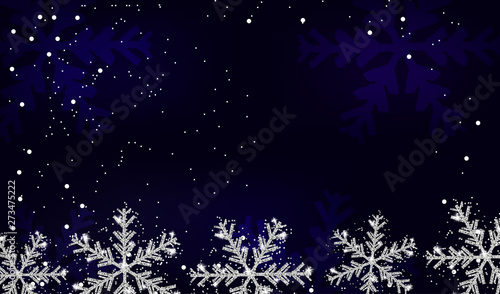 Christmas and New Year navy blue background with silver snowflakes. Template for greeting card, banner or poster. Xmas decoration. Vector