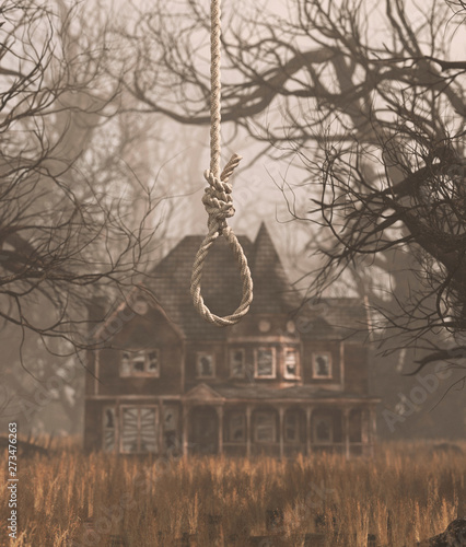 Fotografía Rope noose hanging in creepy forest with haunted scene,3d rendering