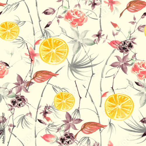 Watercolor painting  vintage seamless pattern - tropical fruits  citrus  slices of lemon  orange  lime  branch flowers bamboo  roses branch with buds  leaves. Fashionable stylish art background