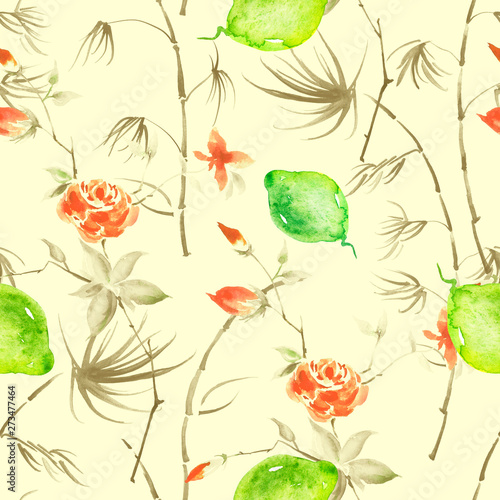 Watercolor painting  vintage seamless pattern - tropical fruits  citrus  slices of lemon  orange  lime  branch flowers bamboo  roses branch with buds  leaves. Fashionable stylish art background