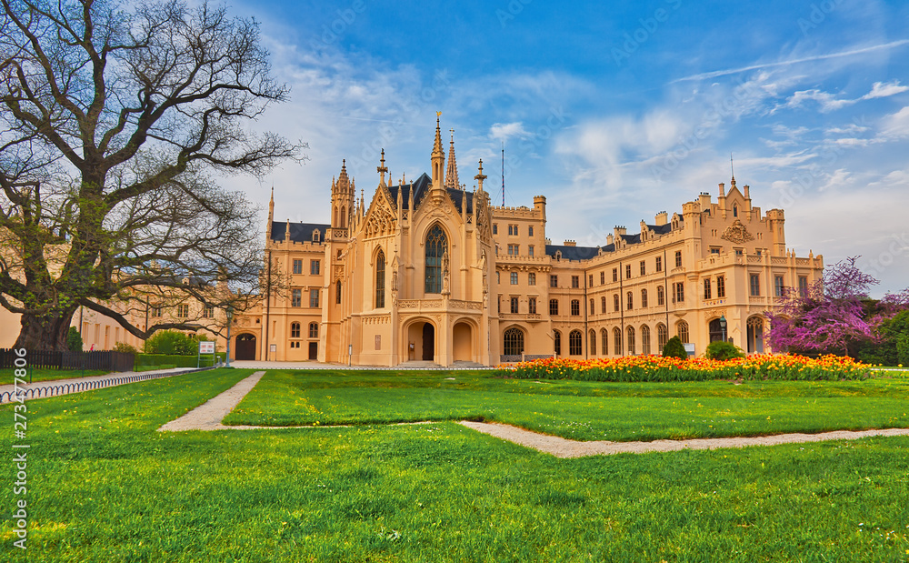 Lednice castle surrounded by beautiful park in Southern Moravia, popular travel destination in Czech Republic