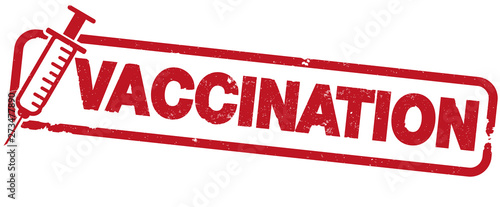 red rubber stamp print with word VACCINATION and syringe icon vector illustration