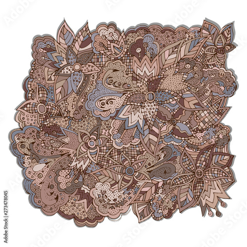 Fototapeta Naklejka Na Ścianę i Meble -  Abstract floral pattern, drawn by hand, circles, lines, leaves