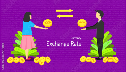 the currency exchange rate. male and female transfer money different type of coin. number background. vector illustration eps10