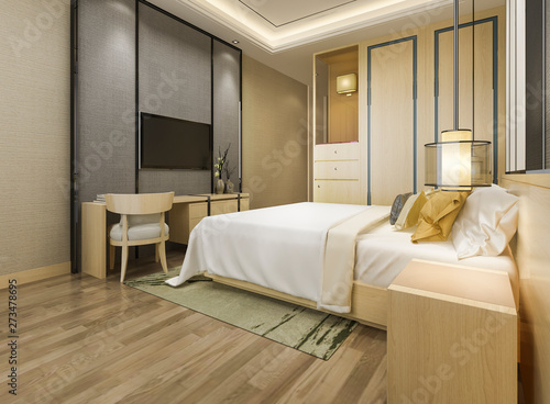 3d rendering beautiful luxury bedroom suite in hotel with tv and working table © dit26978