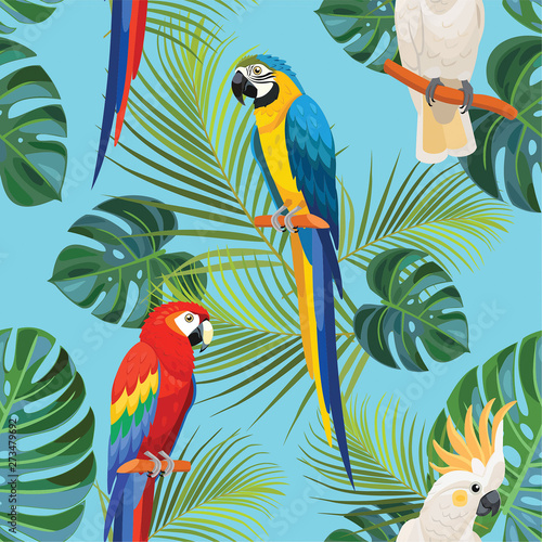 Tropical pattern with parrots. Vector seamless texture.