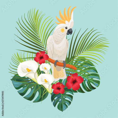 Tropical flowers and cockatoo. Vector illustration.