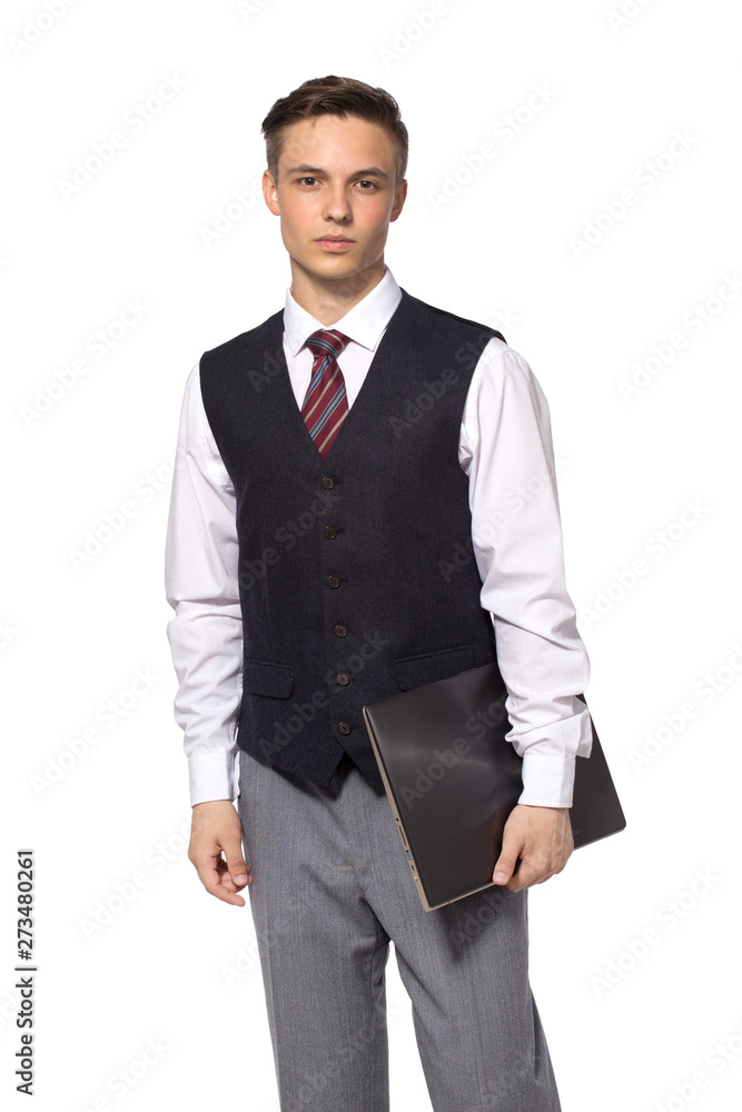 Young businessman standing with closed laptop in hus hand, isolated on white Young businessman standing with closed laptop in hus hand, isolated on white