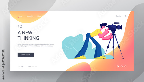 Mass Media Staff Broadcasting Live News, Cameraman Recording Tv Program with Professional Camera. Reportage, Journalistic Job. Website Landing Page, Web Page. Cartoon Flat Vector Illustration, Banner