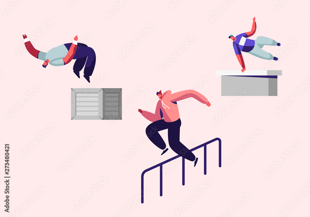 Vettoriale Stock Teenagers Doing Extreme Tricks on Street, Parkour Sport in  City. Young Men Jumping Over Walls and Barriers, Urban Sports, Active  Lifestyle, Sport Activity, Training. Cartoon Flat Vector Illustration |  Adobe
