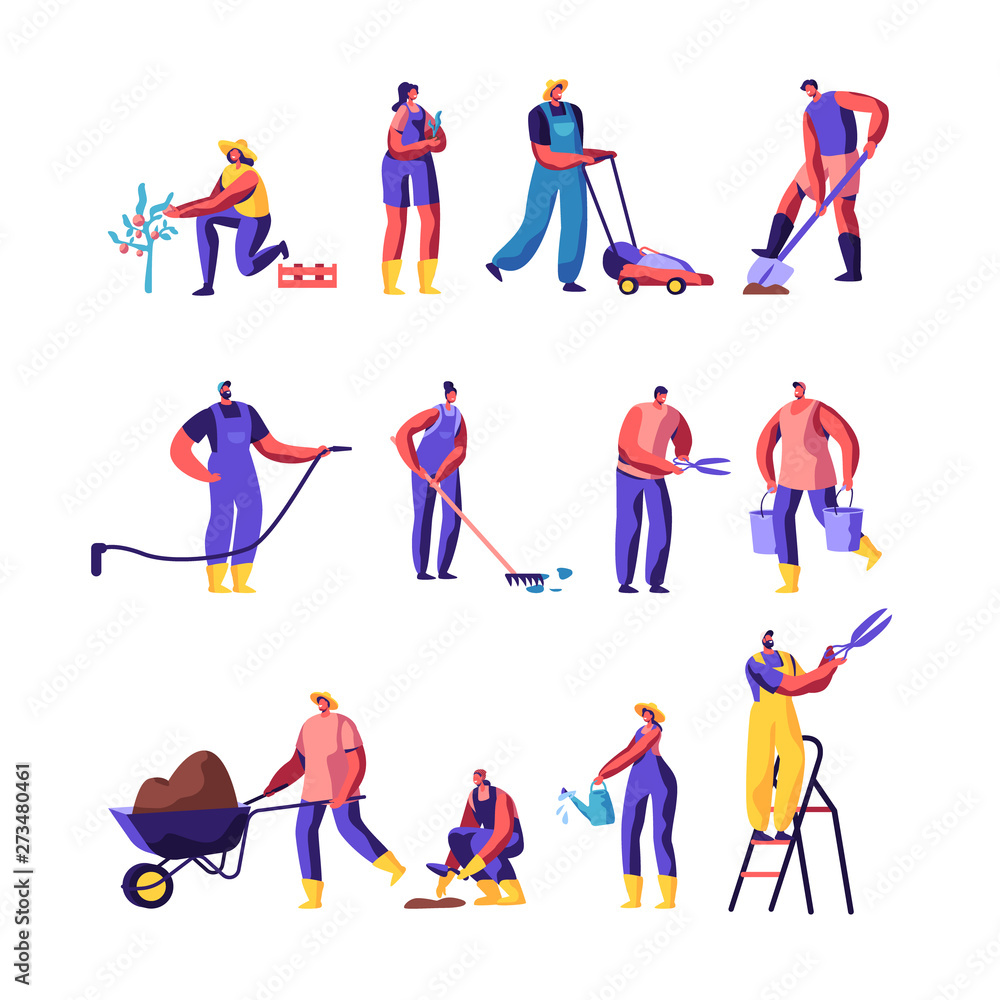Gardeners Male and Female Characters Growing and Caring of Plants Set, Gardening People Watering, Planting, Raking Trees in Garden or Greenhouse, Hobby, Seasonal Work, Cartoon Flat Vector Illustration