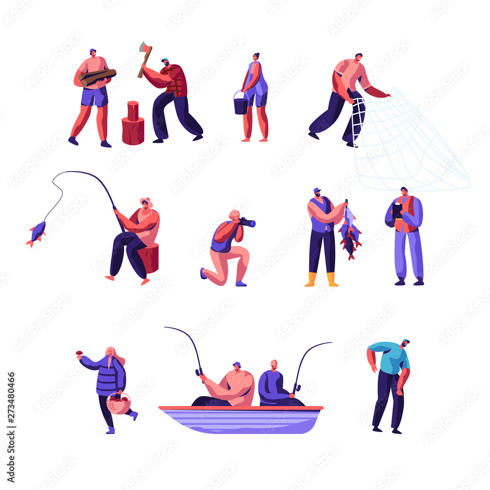 People Outdoors Activity Set. Male and Female Characters Having Active Leisure on Nature, Chopping Woods, Fishing, Collecting Mushrooms in Forest, Photographing, Cartoon Flat Vector Illustration