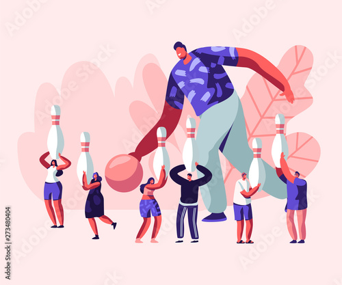 Male Character Playing Bowling, Huge Man Throw Ball, Tiny People Moving with Pins. Leisure, Active Lifestyle, Friends Spend Time Together on Weekend, Sparetime Cartoon Flat Vector Illustration