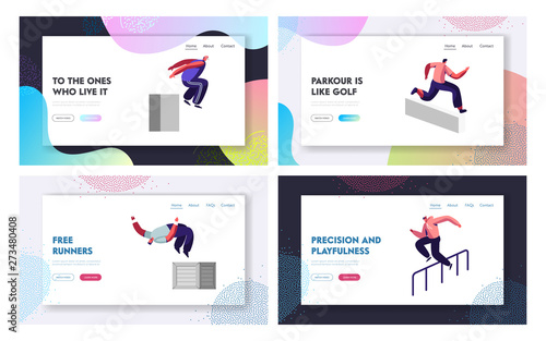 Parkour in City Website Landing Page Set. Young Men Jumping Over Walls and Barriers, Urban Sports, Active Lifestyle, Sport Activity, Tricks on Street Web Page. Cartoon Flat Vector Illustration, Banner