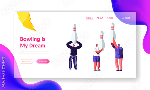 Happy Male Characters Hold Huge Pins in Hands, Friends Meeting for Playing Bowling, Leisure, Active Lifestyle, Weekend Sparetime Website Landing Page, Web Page Cartoon Flat Vector Illustration, Banner