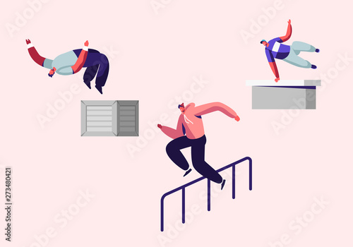 Teenagers Doing Extreme Tricks on Street, Parkour Sport in City. Young Men Jumping Over Walls and Barriers, Urban Sports, Active Lifestyle, Sport Activity, Training. Cartoon Flat Vector Illustration