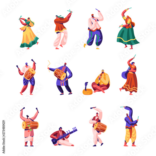 Indian Street Artists Set. Musicians and Dancers in Colorful Dress Performing on Street Playing Traditional Instruments, Yogi Charming Cobra, Play Music on Drums, Cartoon Flat Vector Illustration