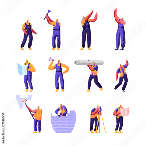 Professional Construction Workers with Tools Set. Male Characters in Uniform Overalls and Helmets with Equipment for Home and Building Repair in Different Poses. Cartoon Flat Vector Illustration