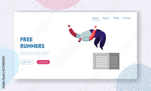 City Parkour Website Landing Page. Young Man Jumping from Walls over Head, Urban Culture, Extreme Sport, Active Lifestyle, Teenagers Street Fashion, Web Page. Cartoon Flat Vector Illustration, Banner