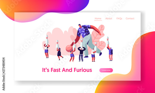 Man Playing Bowling Throw Ball, People Moving with Pins. Leisure, Active Lifestyle, Friends Spend Time on Weekend, Sparetime Website Landing Page, Web Page. Cartoon Flat Vector Illustration, Banner