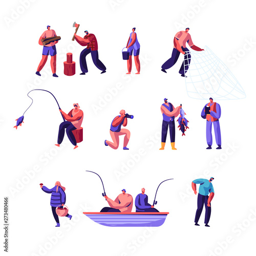 People Outdoors Activity Set. Male and Female Characters Having Active Leisure on Nature, Chopping Woods, Fishing, Collecting Mushrooms in Forest, Photographing, Cartoon Flat Vector Illustration