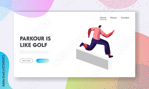 Parkour in City. Teenager Sportsman Jumping Over Wall. Urban Sports, Active Lifestyle, Sport Activity and Training Outdoors, Website Landing Page, Web Page. Cartoon Flat Vector Illustration, Banner